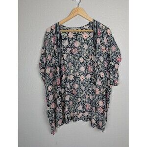 LOFT Kimono Cardigan Womens XS Black Pink Floral Top‎